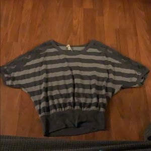 Striped gray t shirt with lace on sides of sleeves